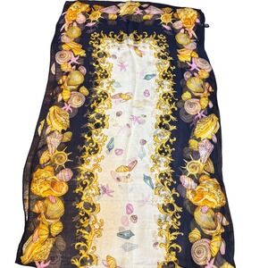Vintage Navy Silk Scarf Seashells Coral Starfish Border Print 66x20 Large Italy